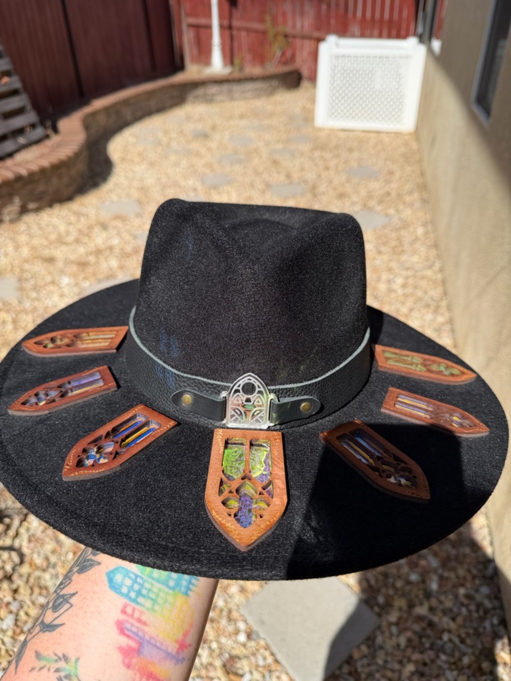 Black Wide-Brim Felt Hat with Leather Inlays and Metal Concho